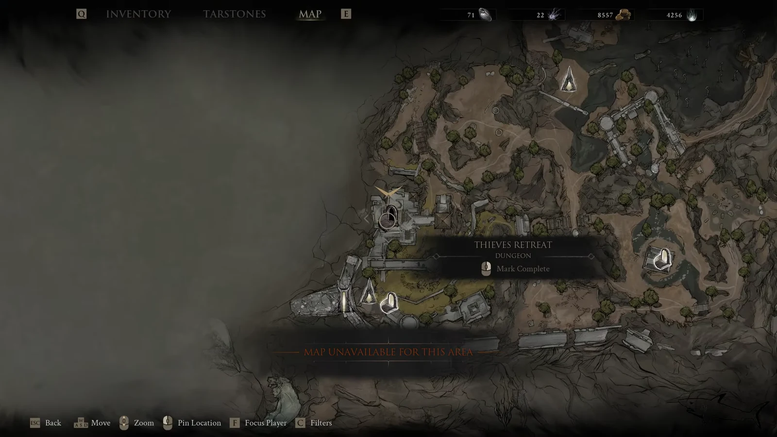 Map screen showing the Thieves Retreat dungeon marker with a Mark Complete option