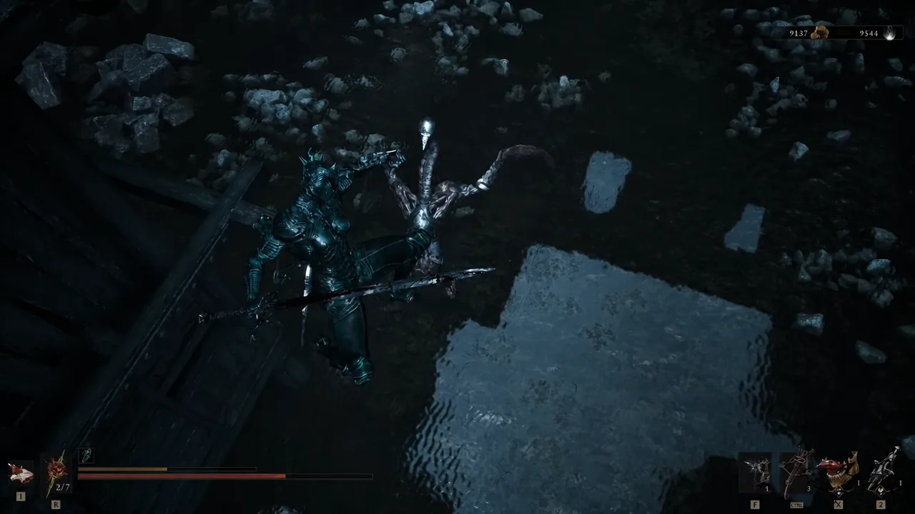 Armored character finishing a downed crawling enemy with a spear in shallow water