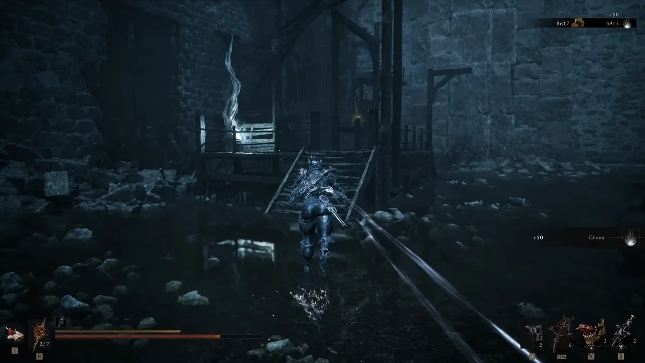 Armored character sprinting through shallow water toward wooden stairs in the dungeon pit