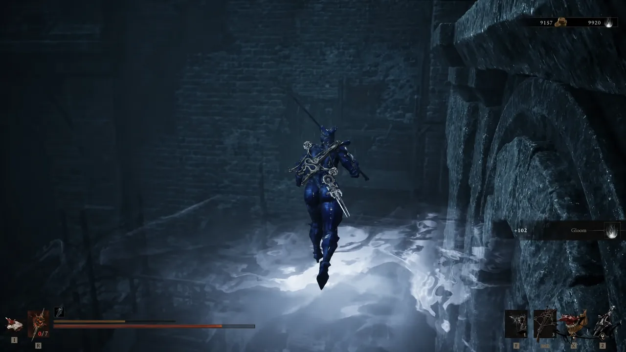 Player character walking through a dim cavern passage with the HUD visible