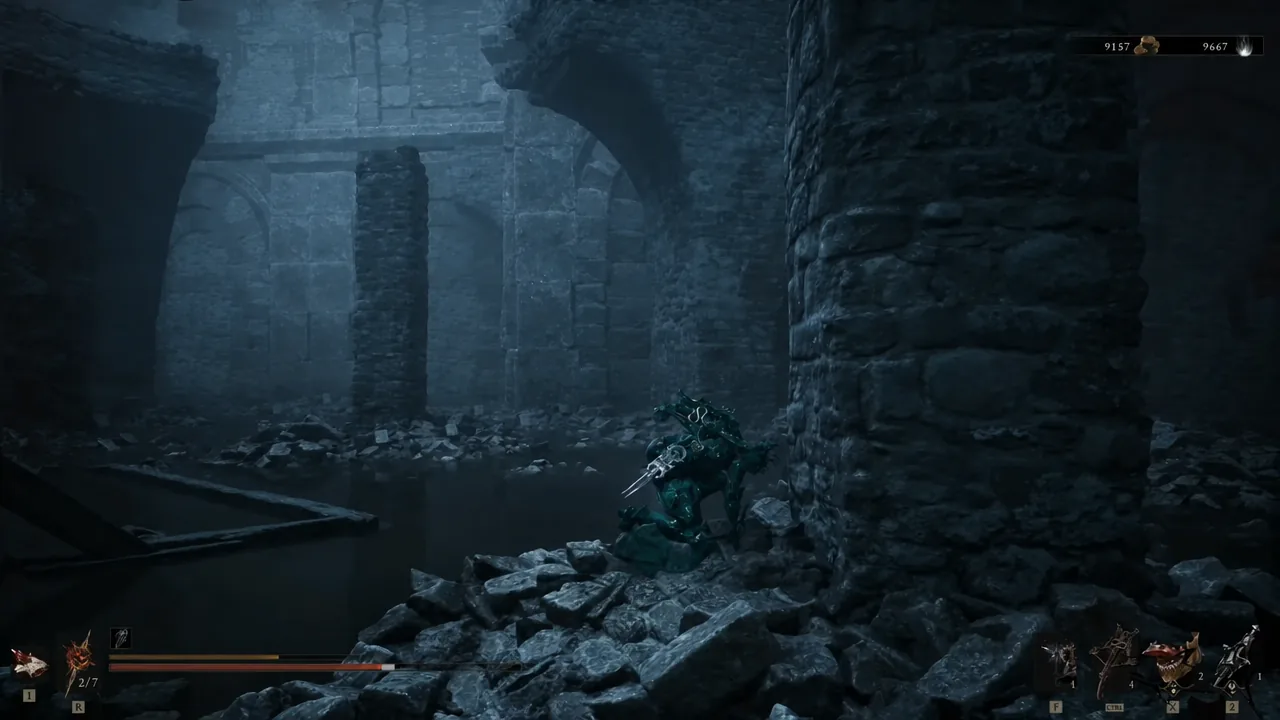 Character climbing over rubble beside a stone pillar in a dark ruined chamber