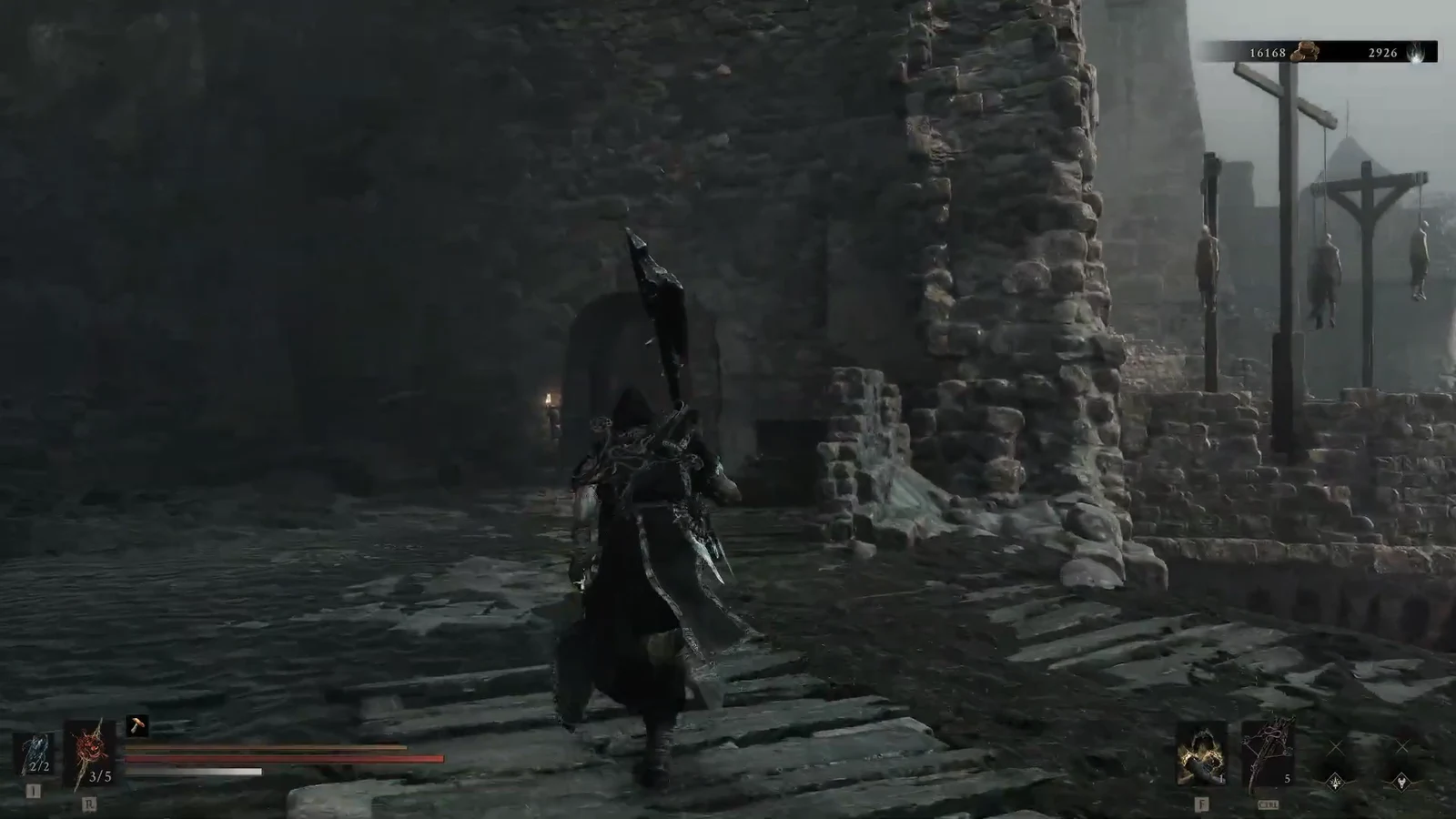 Hooded character walking a ruined stone courtyard with hanging bodies and on-screen HUD