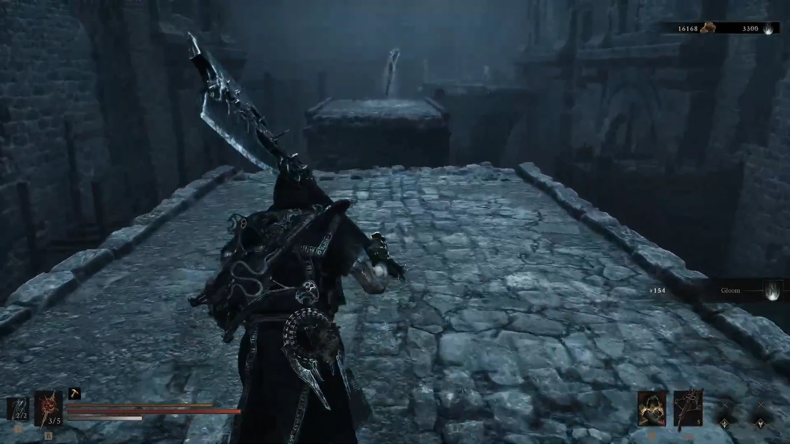 Player with a massive sword walking a crumbling stone bridge toward a raised platform