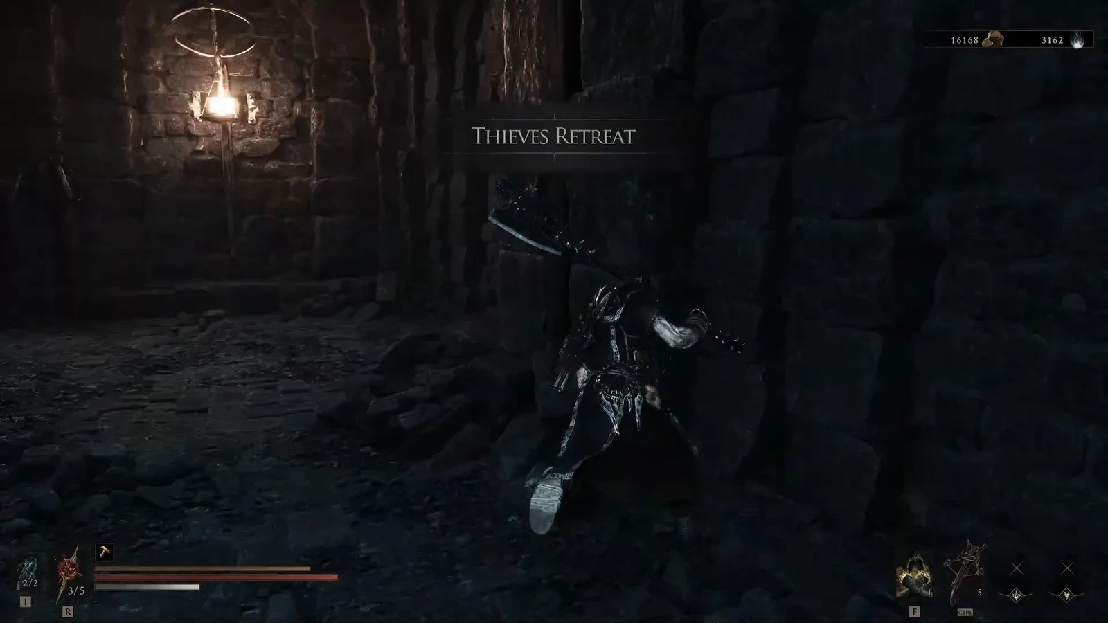 Armored character running a dark torchlit passage as the Thieves Retreat title appears