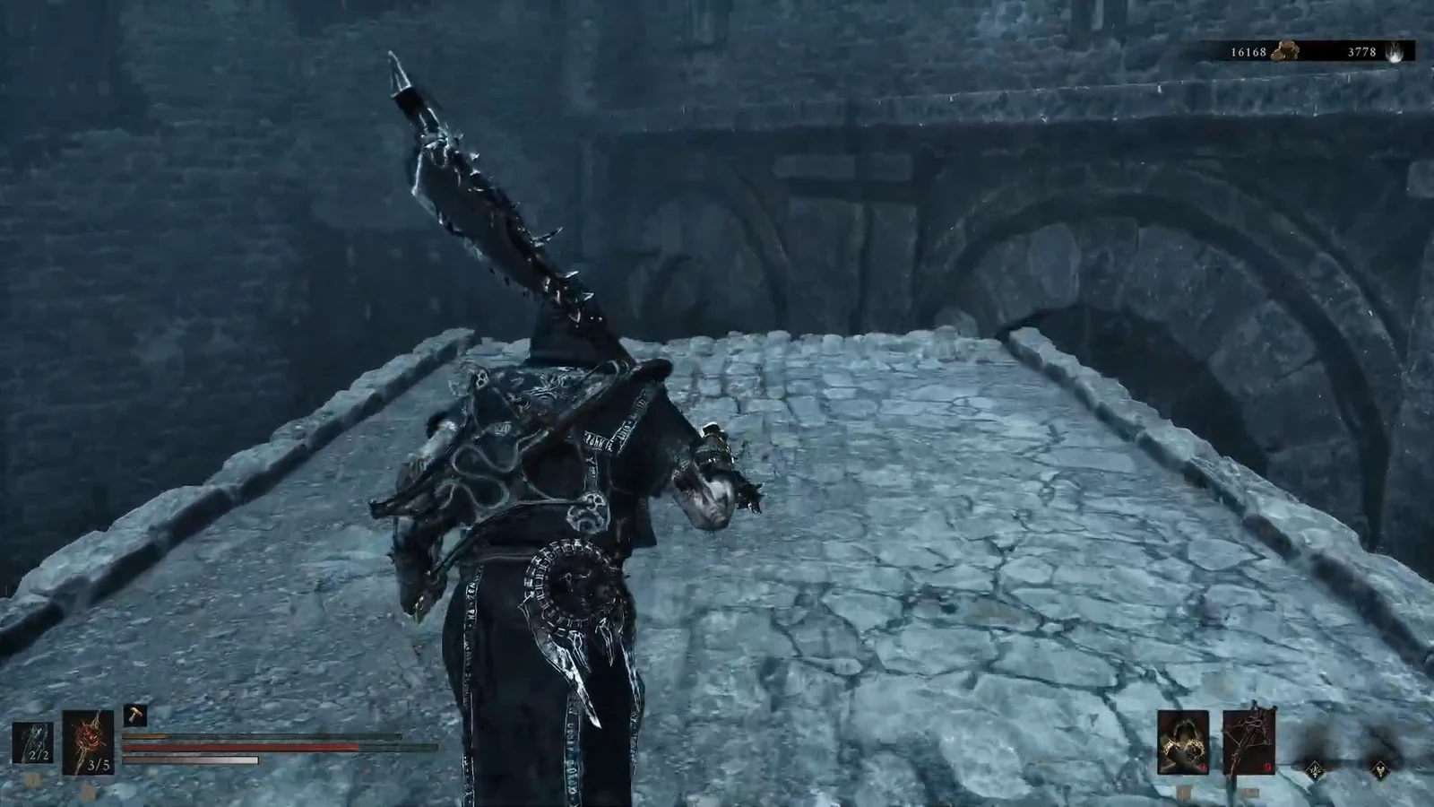 Armored swordsman crossing a stone bridge with health and item meters on screen