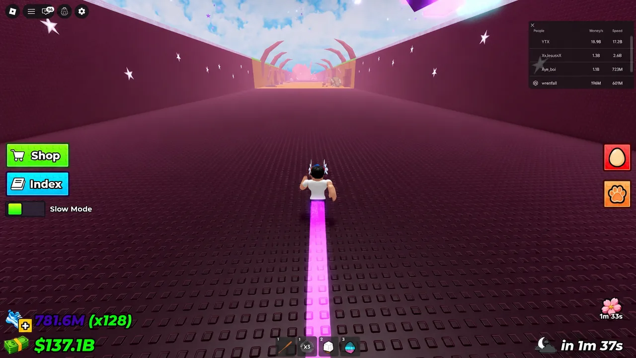 Avatar sprinting through a pink tunnel toward the Cherry Blossom section of the map
