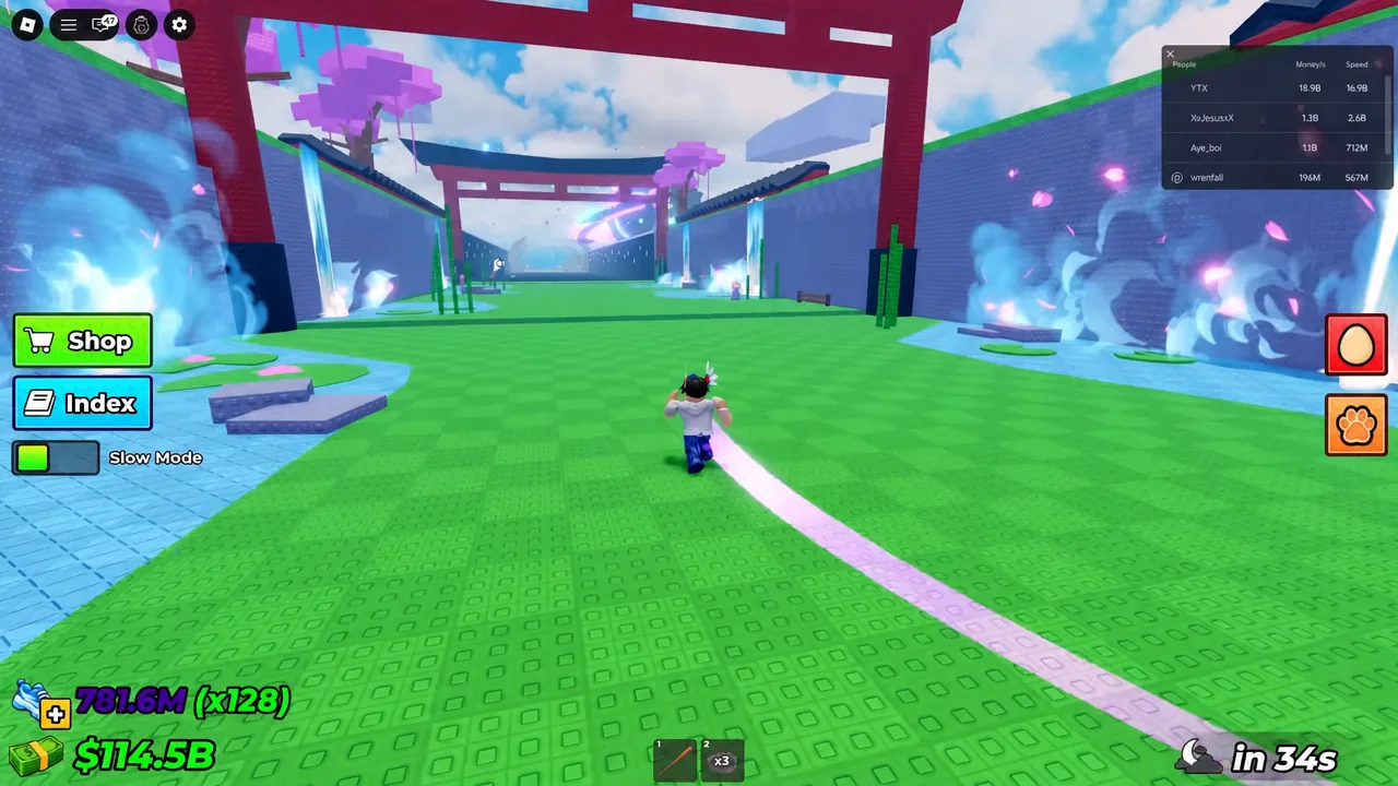 Running back toward the lobby in Steal An Egg with the Shop button on screen