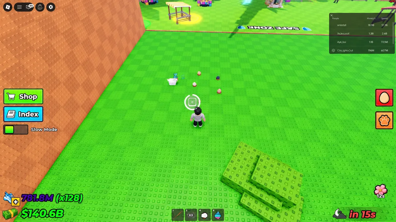 E interaction prompt above the player next to a sleeping pet at a nest