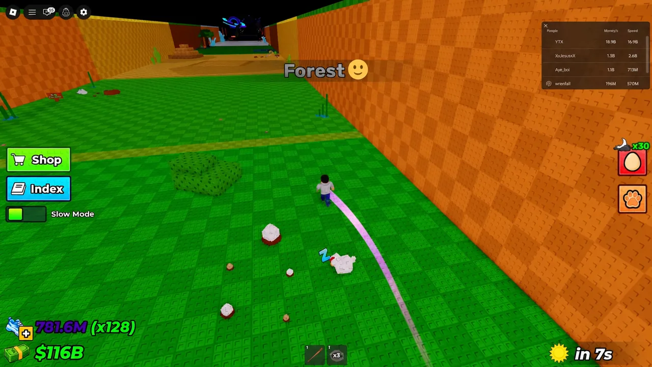 Player following a pink trail through the Forest zone with an item counter on screen