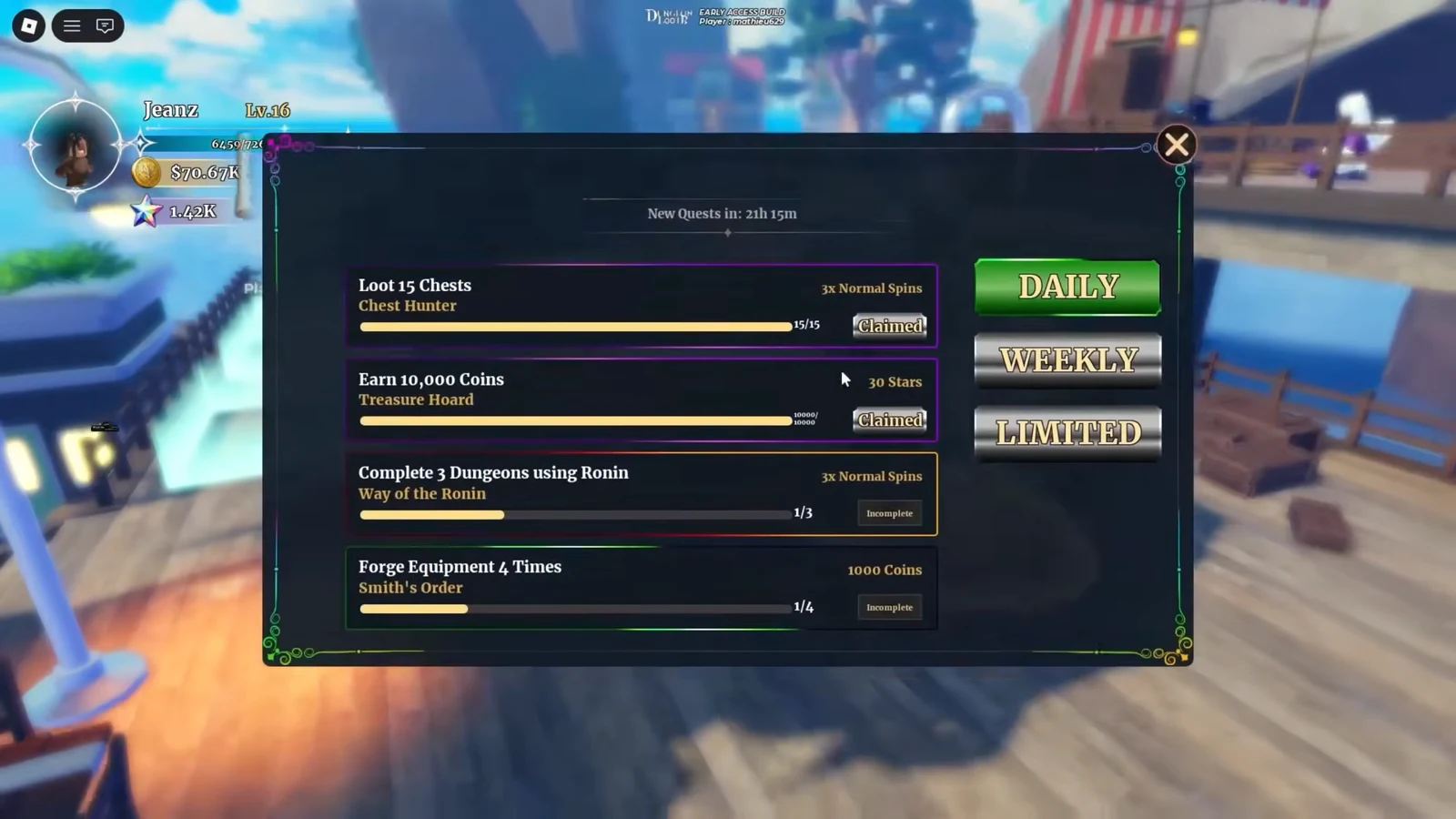 Daily quests menu showing progress with claimed rewards and a Ronin dungeon quest still incomplete