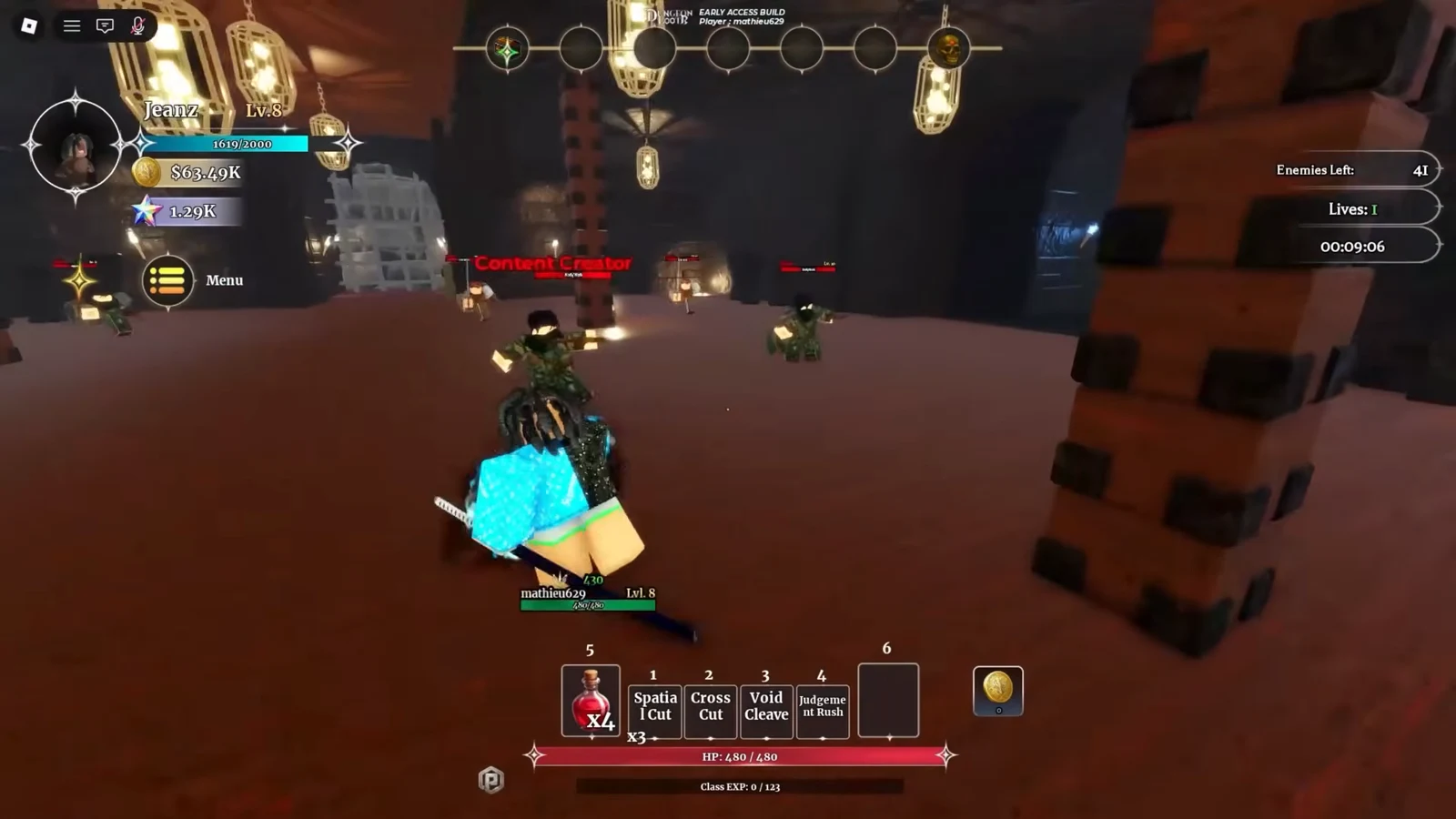 Dungeon combat screen showing enemy count, lives, timer, health, and abilities during a run