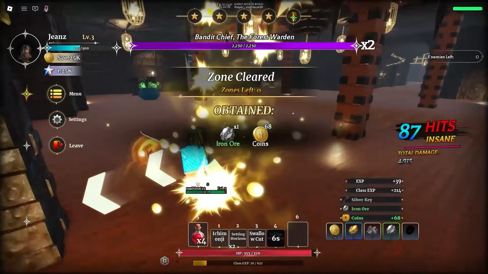 Zone Cleared banner showing Iron Ore and Coins earned after clearing enemies