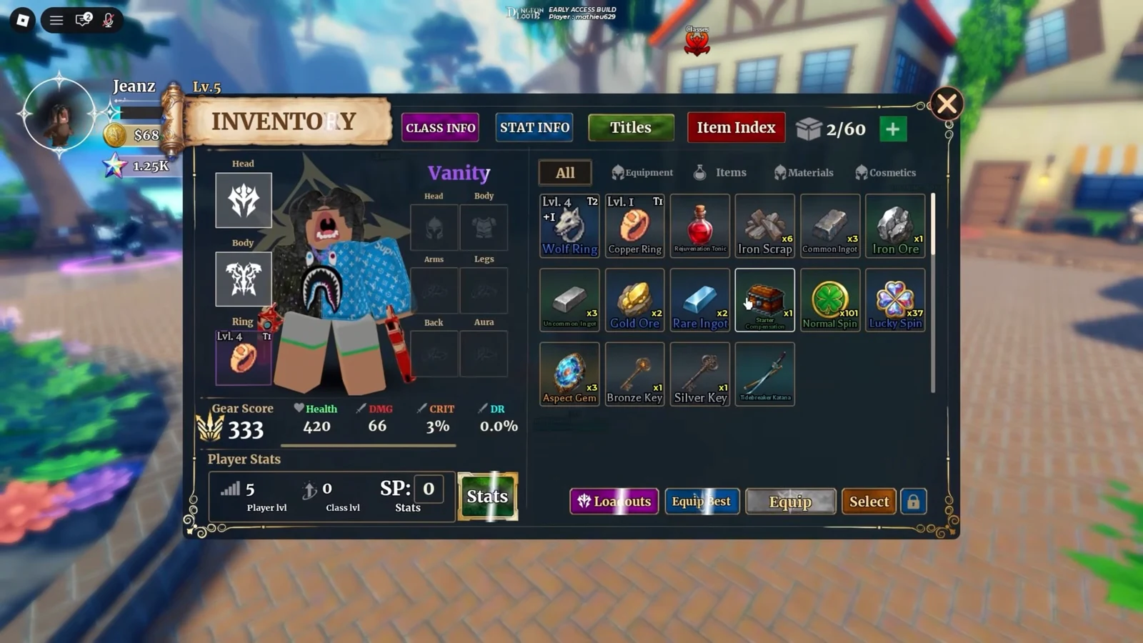 Inventory All tab with the Starter Compensation item selected