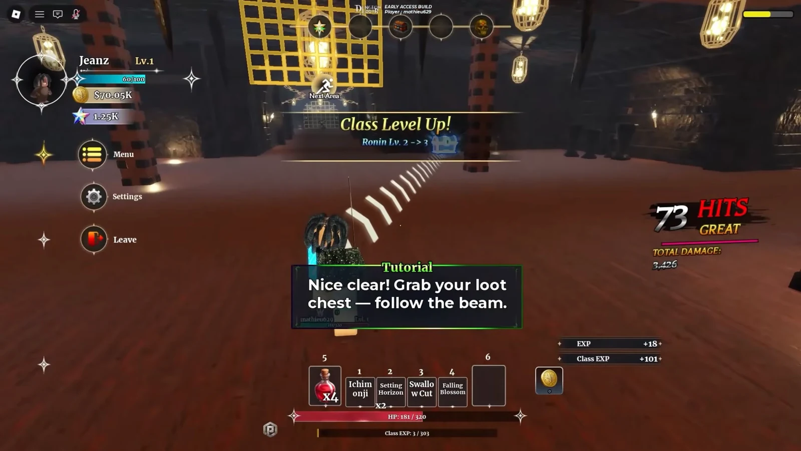 Tutorial dungeon prompt telling the player to follow the glowing beam to the loot chest