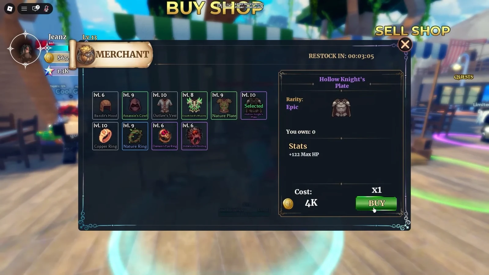 Merchant shop with Hollow Knight's Plate selected, showing its stats and 4K cost and the BUY button