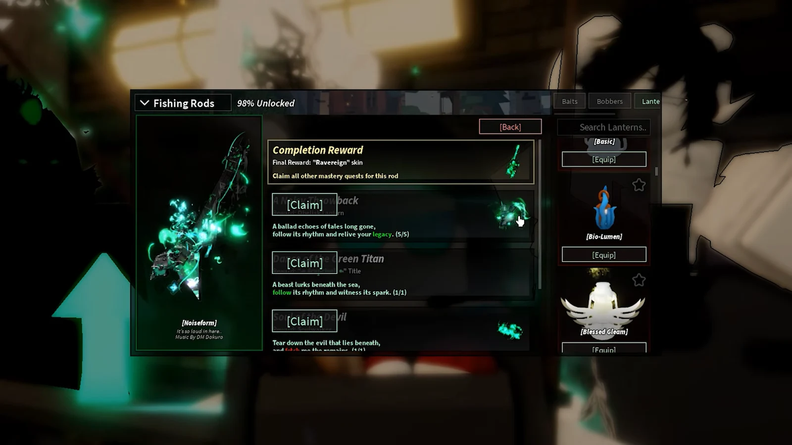 Fishing Rods menu showing Ravereign with the Claim button selected on a finished reward