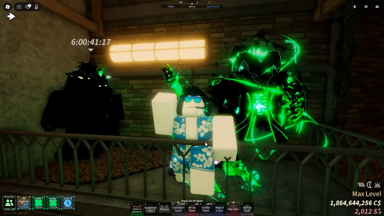 Avatar standing with glowing companions, hotbar visible, and a Press G To Open prompt