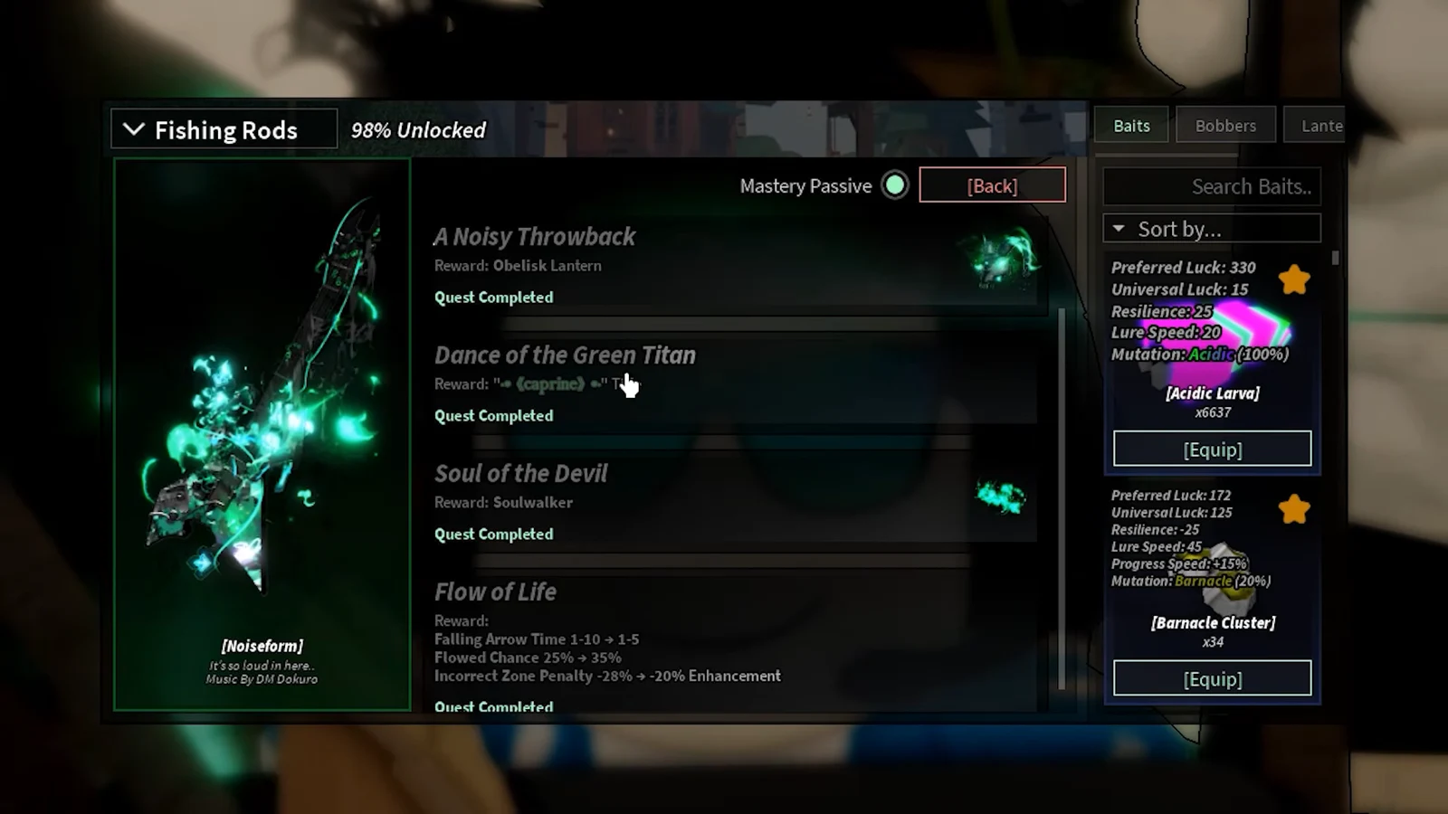 Noiseform rod with completed mastery quests and Acidic Larva showing an Equip button