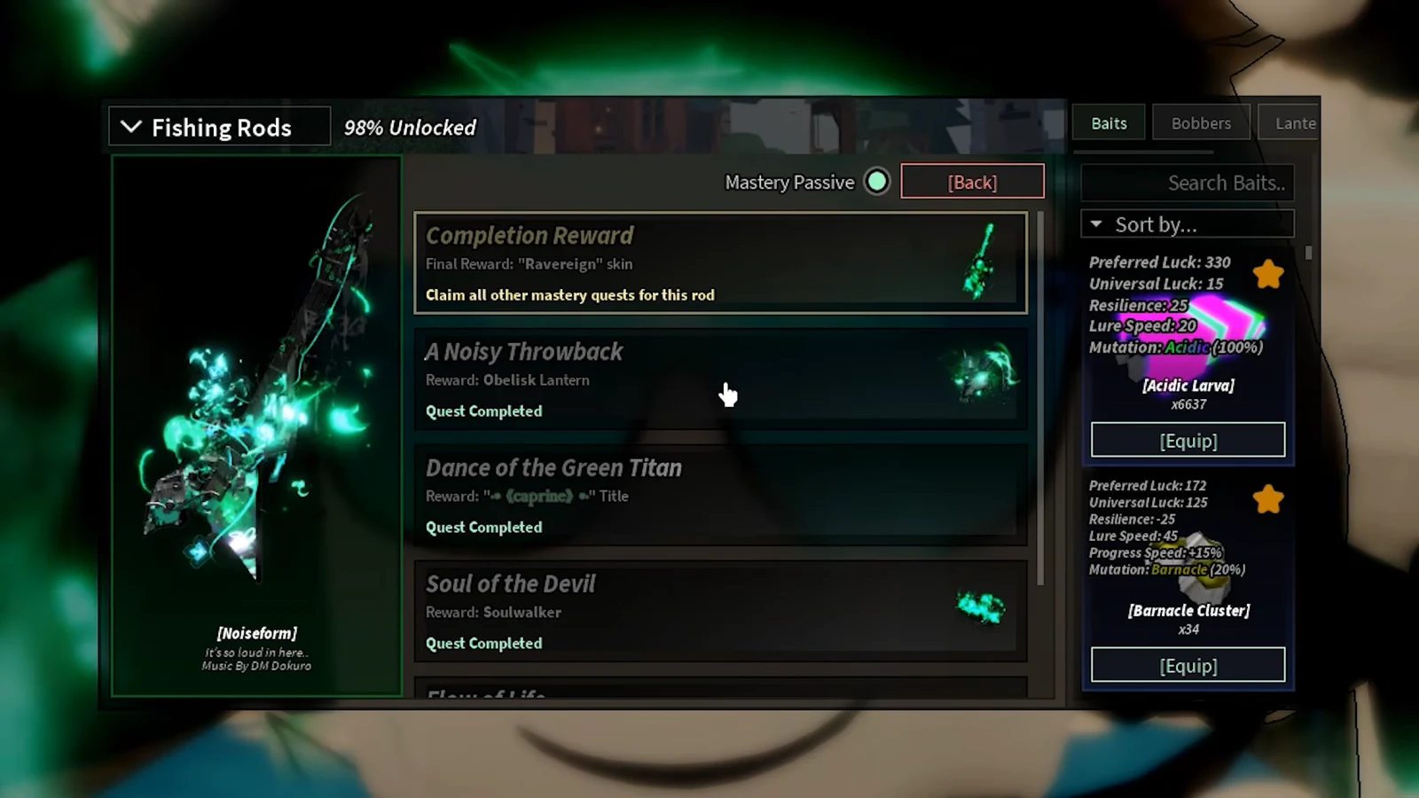 Baits tab open in the Fishing Rods menu with Acidic Larva selected