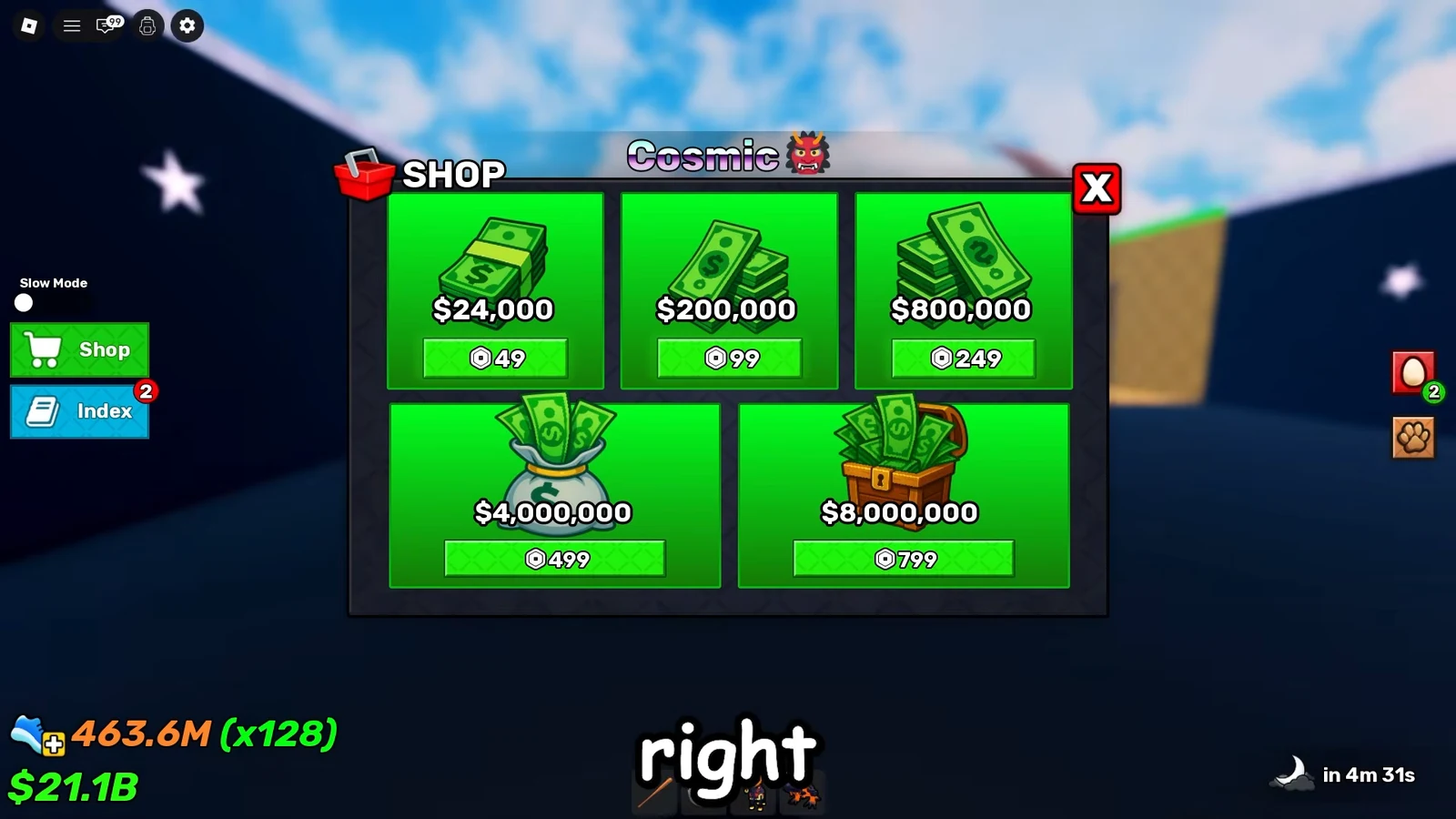 Cosmic Shop menu showing in-game cash bundles from $24,000 up to $8,000,000