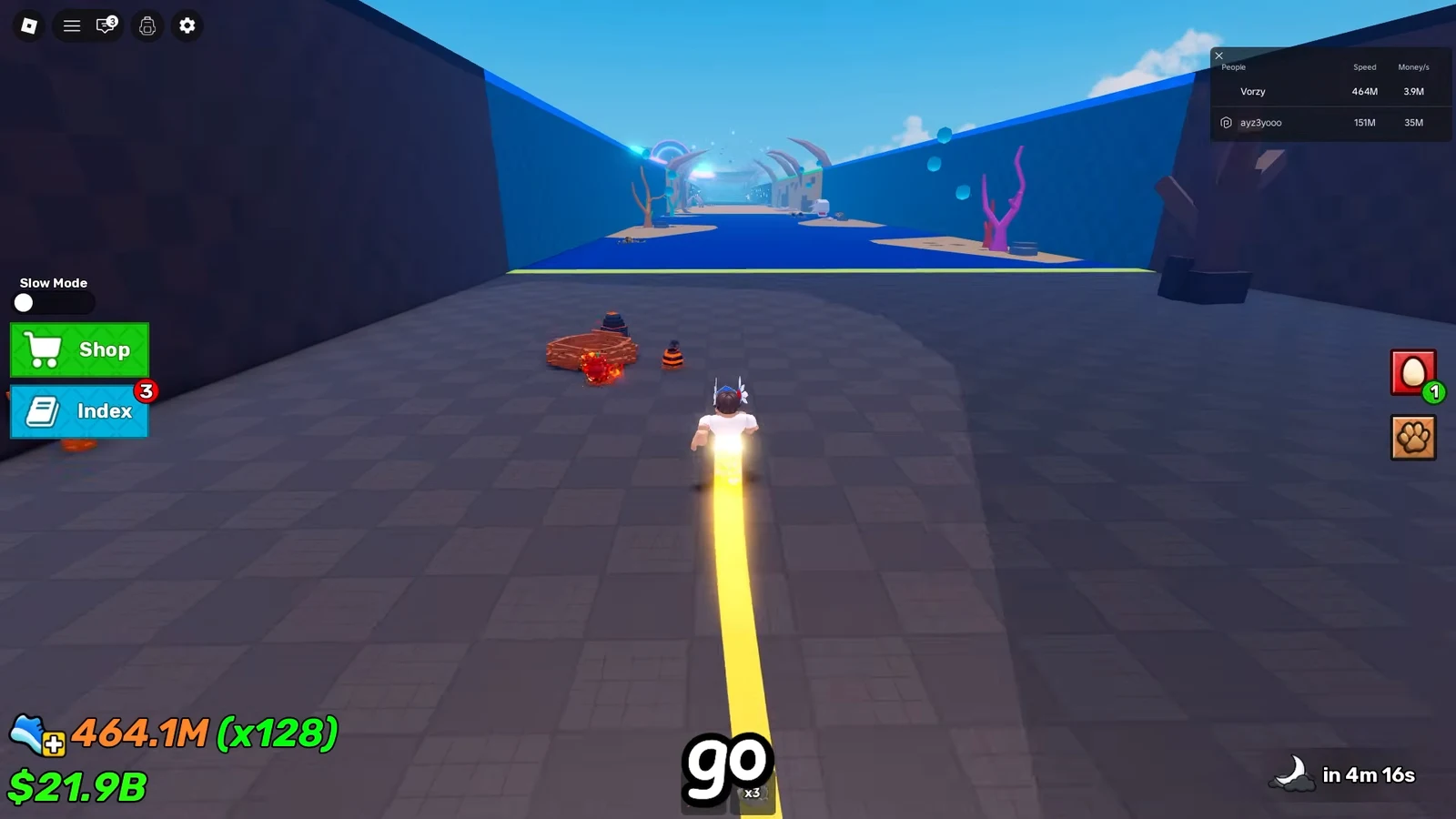 Avatar running along a glowing yellow path toward the course with Shop and Index buttons on screen