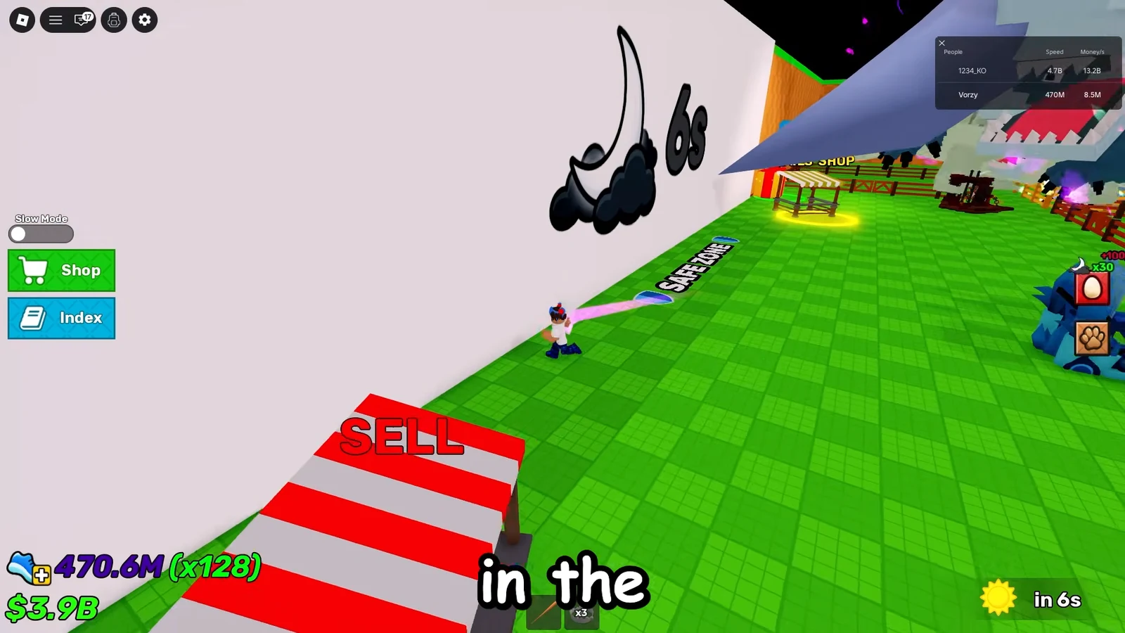 Avatar approaching the red-and-white SELL platform next to the SAFE ZONE