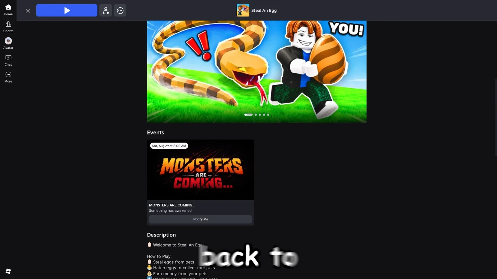 Steal An Egg game page open with the blue Play button above the Events and Description sections