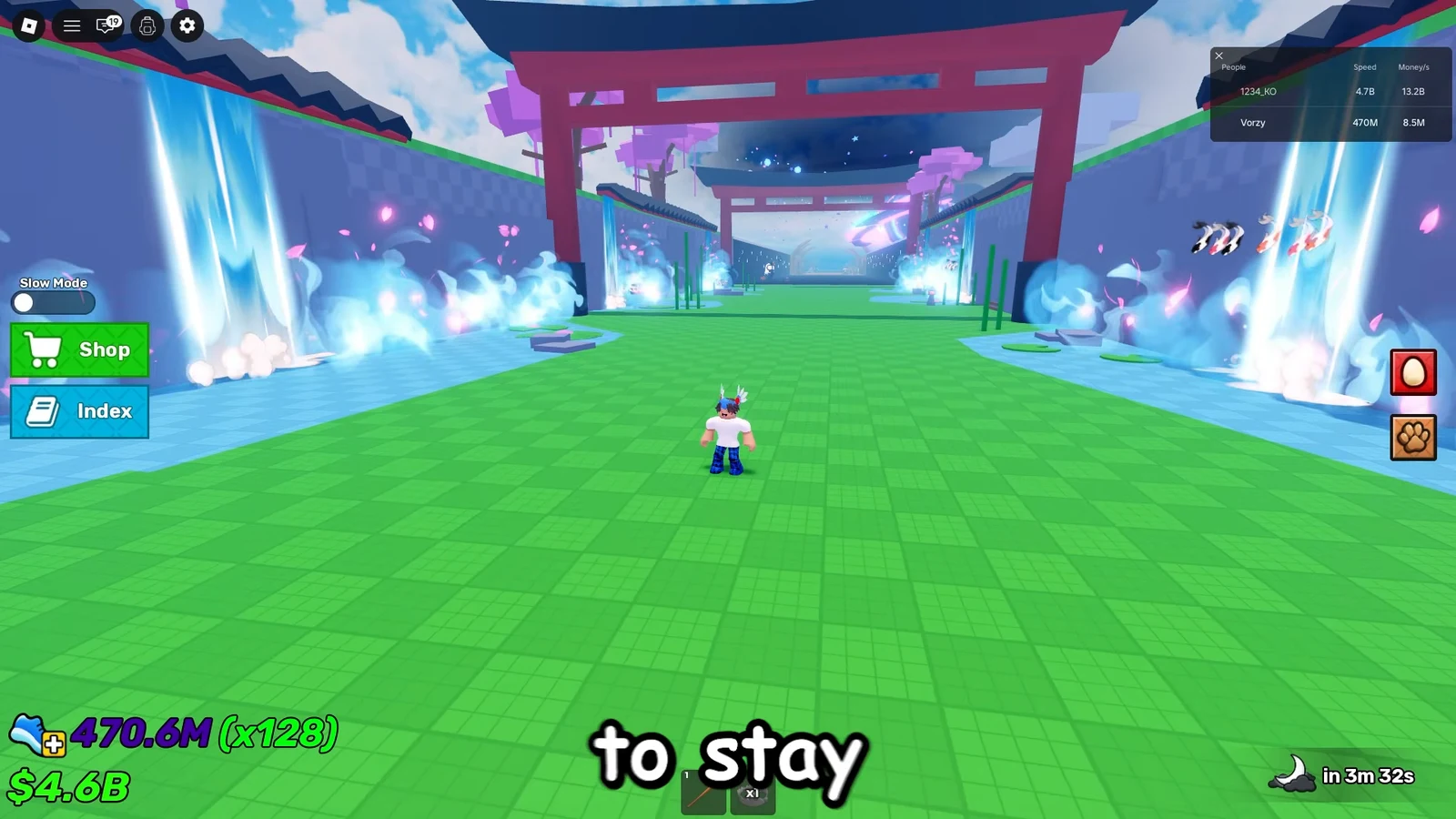 Avatar standing idle in the courtyard with Shop and Index buttons on the left