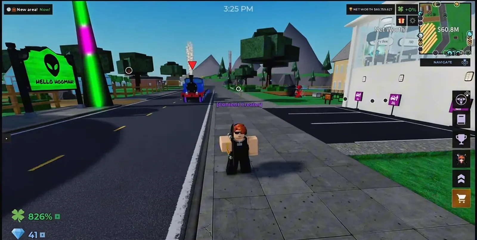 Avatar standing outside the bank with the orange shopping-cart shop button highlighted