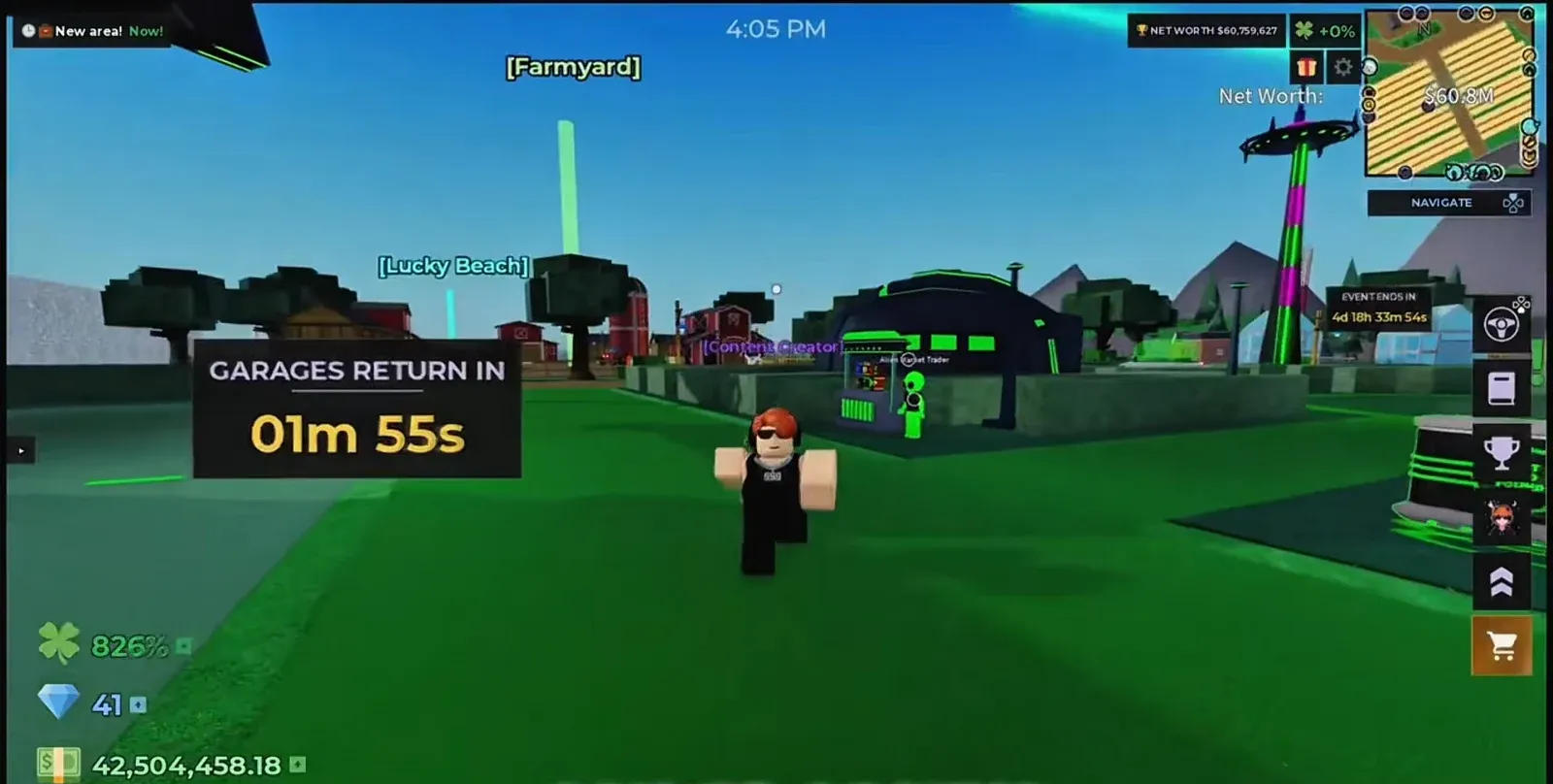 Farmyard area with a GARAGES RETURN IN countdown timer showing one minute and 55 seconds