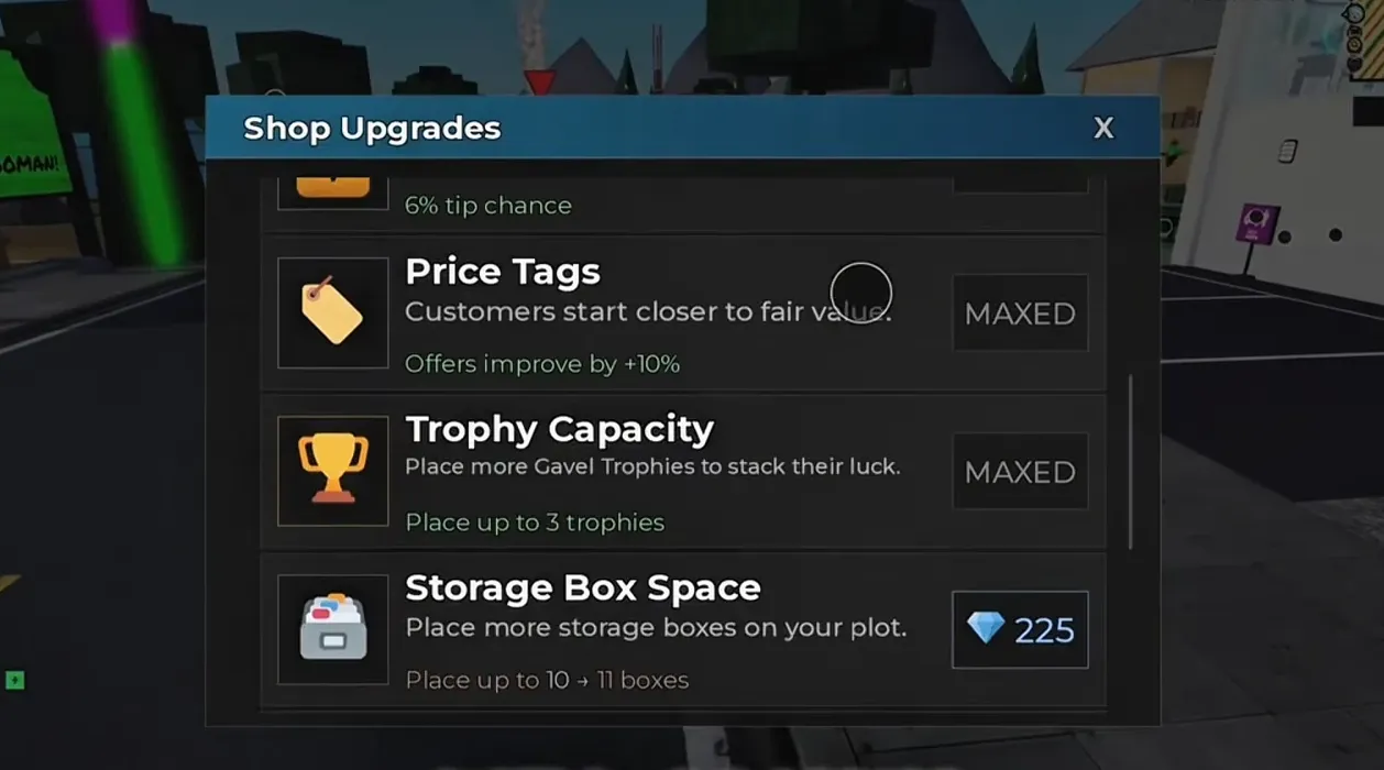 Shop Upgrades menu showing maxed Price Tags and Trophy Capacity with Storage Box Space available