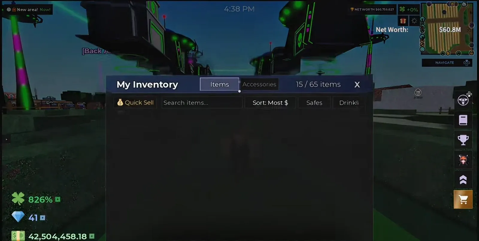 My Inventory screen open on the Items tab with Quick Sell, Safes, and Drinks controls visible