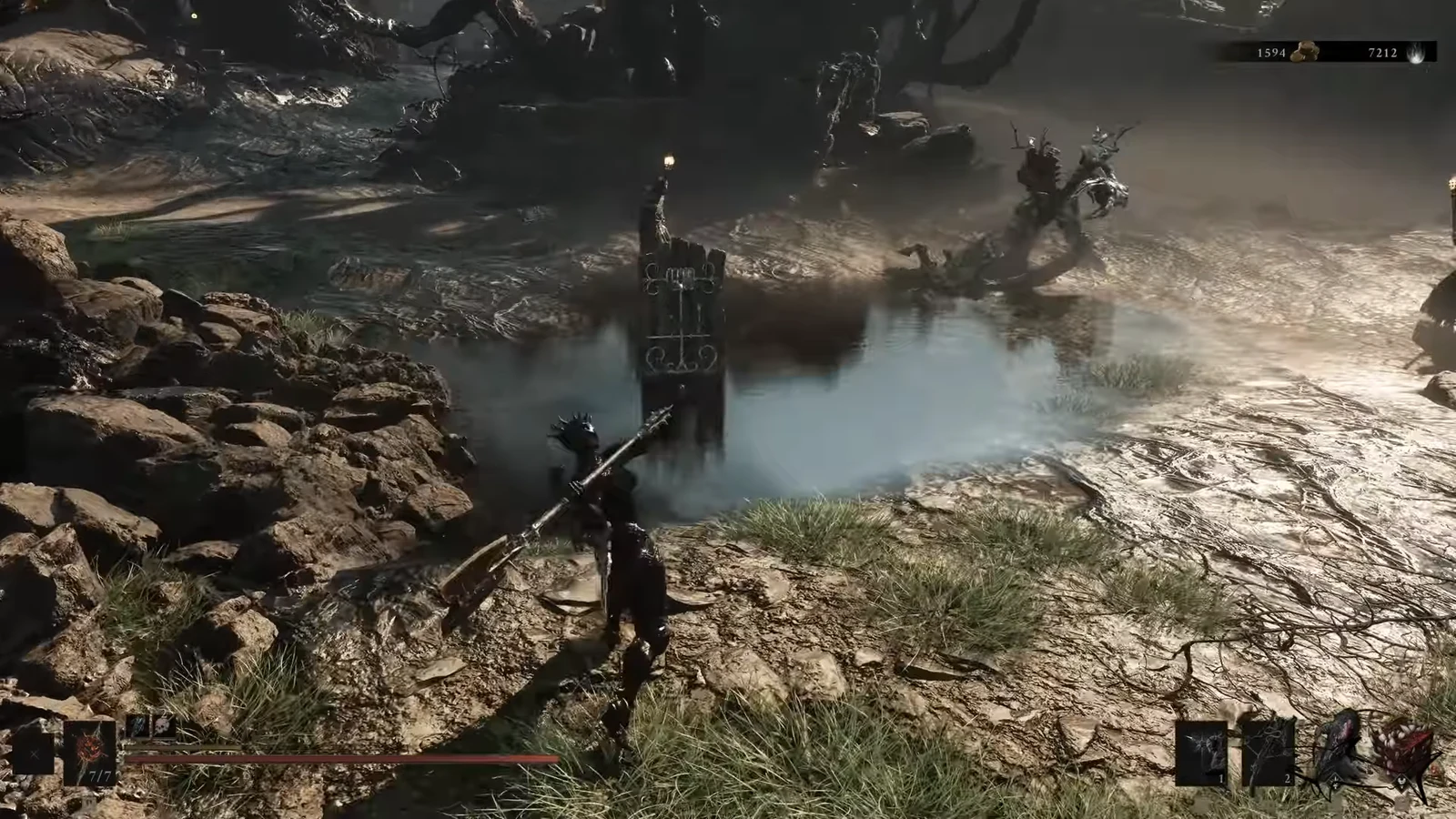 Player character with a long polearm approaches a black shrine checkpoint in a rocky swamp