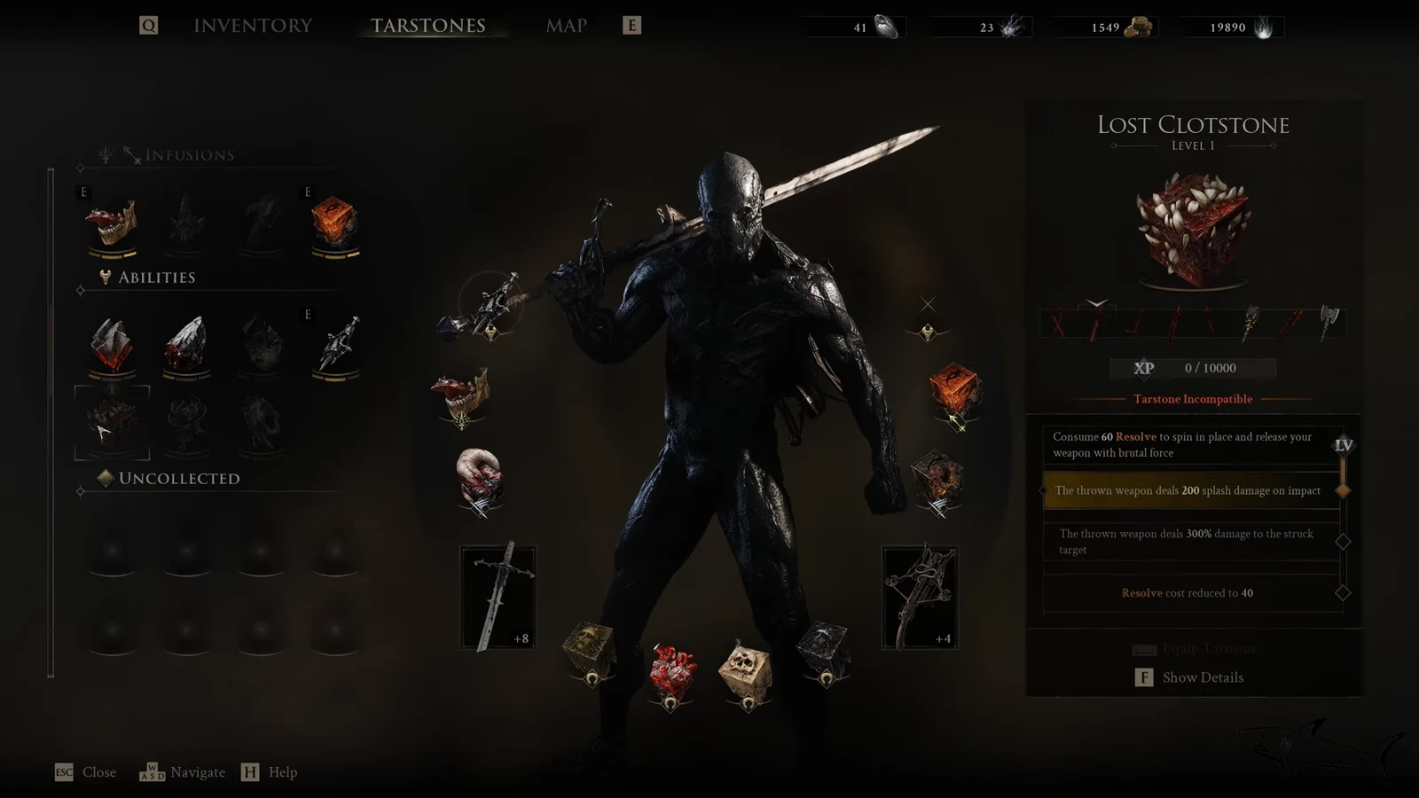 Tarstones menu shows Lost Clotstone at Level 1 with its splash-damage ability description