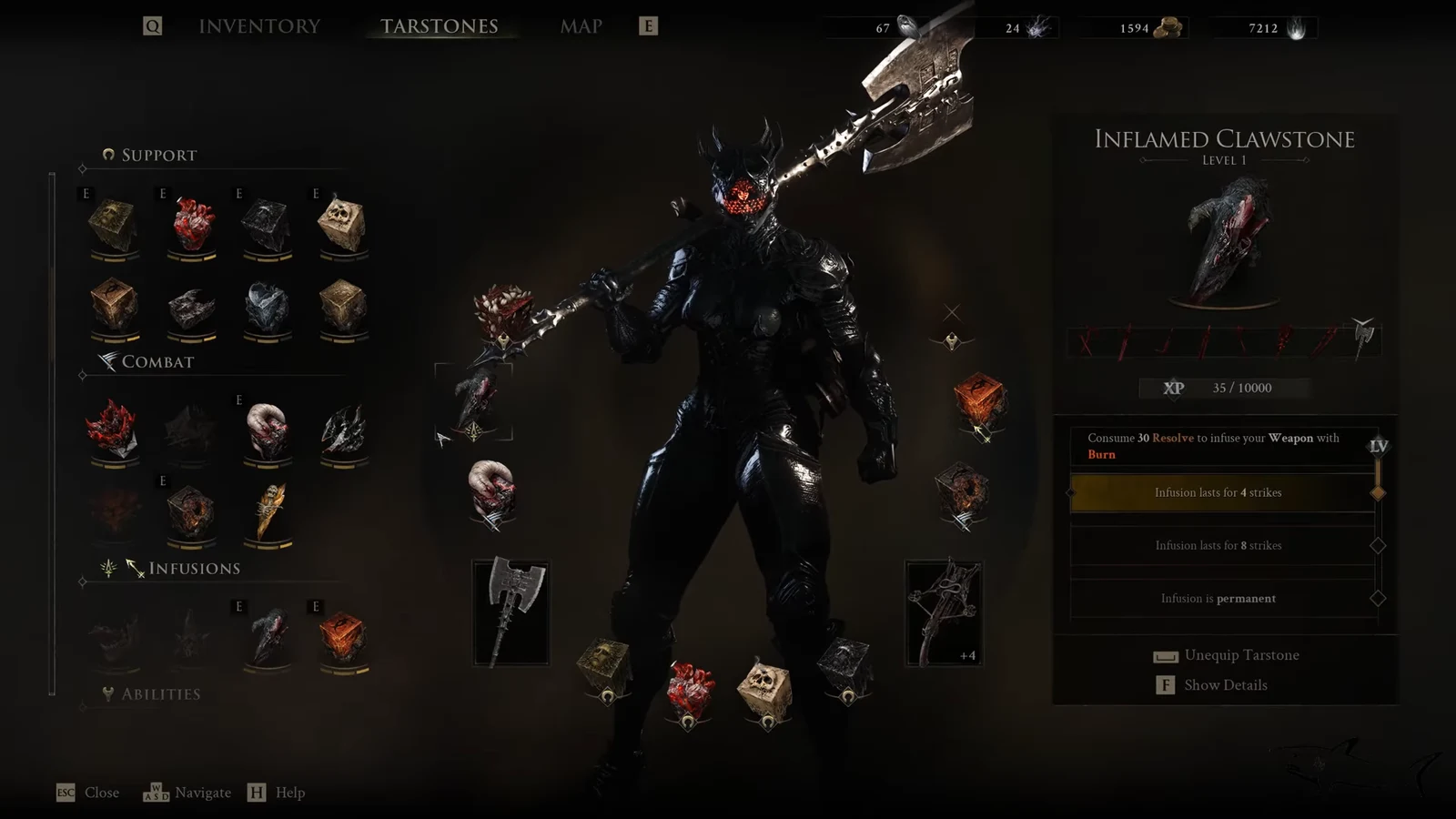 Tarstones inventory menu showing an Ability stone with its infusion upgrade options listed