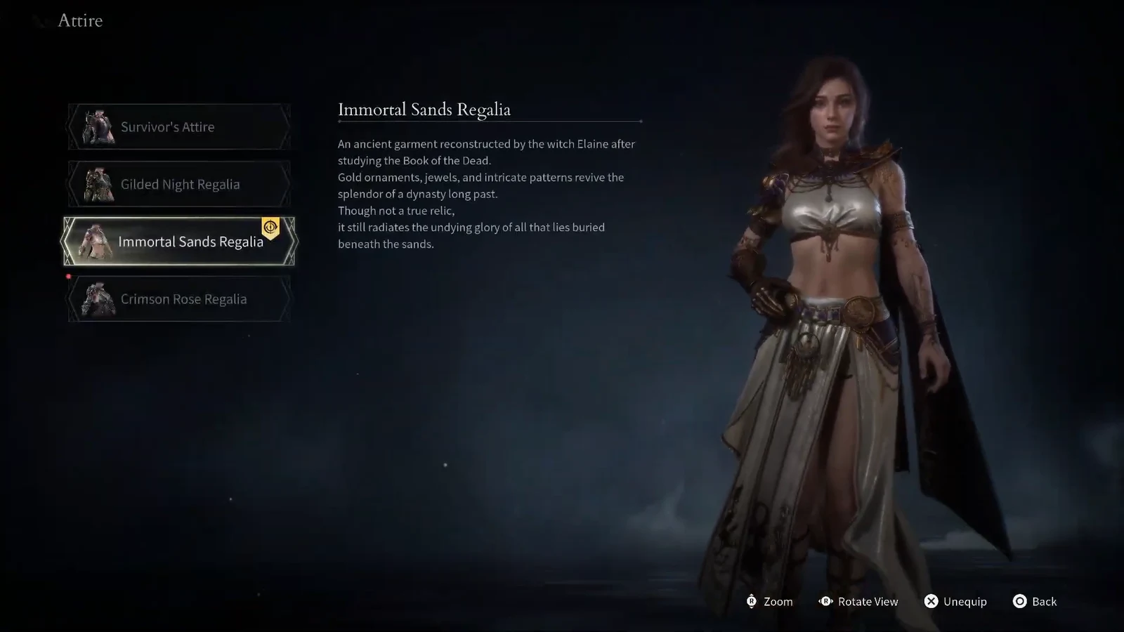 Attire menu previewing Immortal Sands Regalia with its description and character model