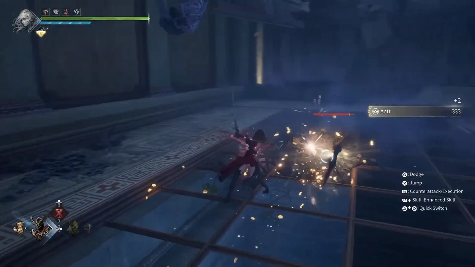 Player attacks an Aett enemy with an R1 counterattack and execution prompt on screen