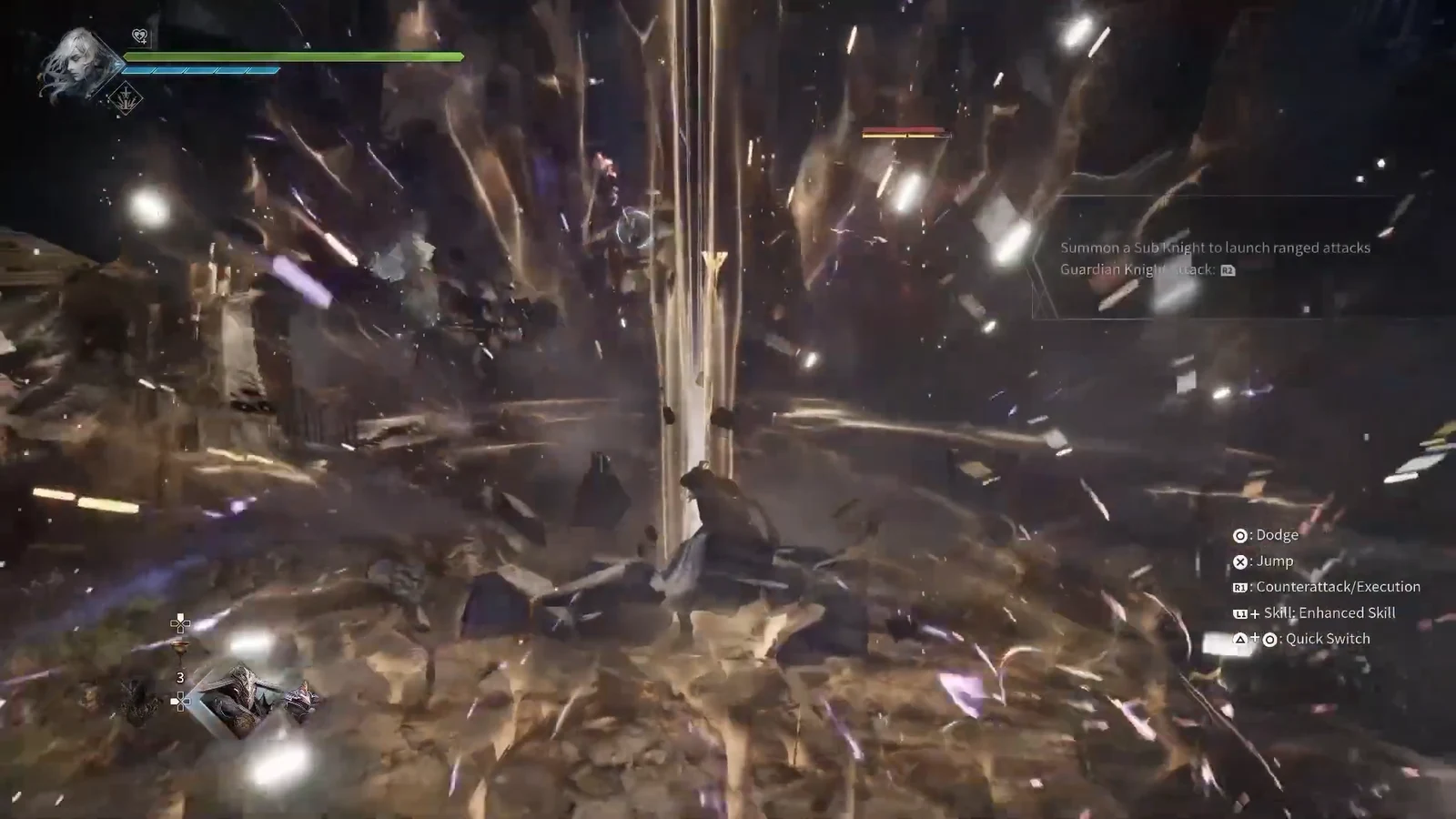 Tutorial prompt to summon a Sub-Knight for ranged attacks during combat in a shattered arena