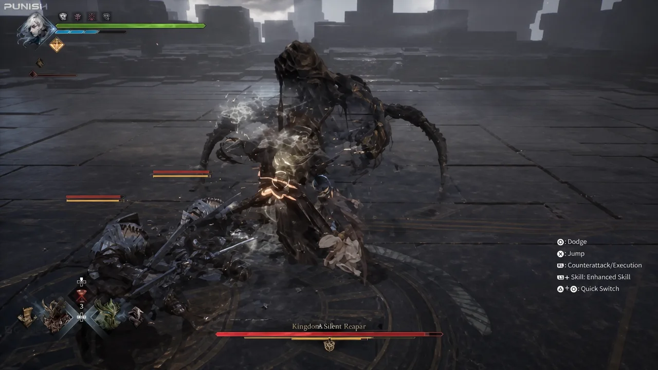 Kingdom Silent Reaper boss fight in progress with combat prompts shown on screen
