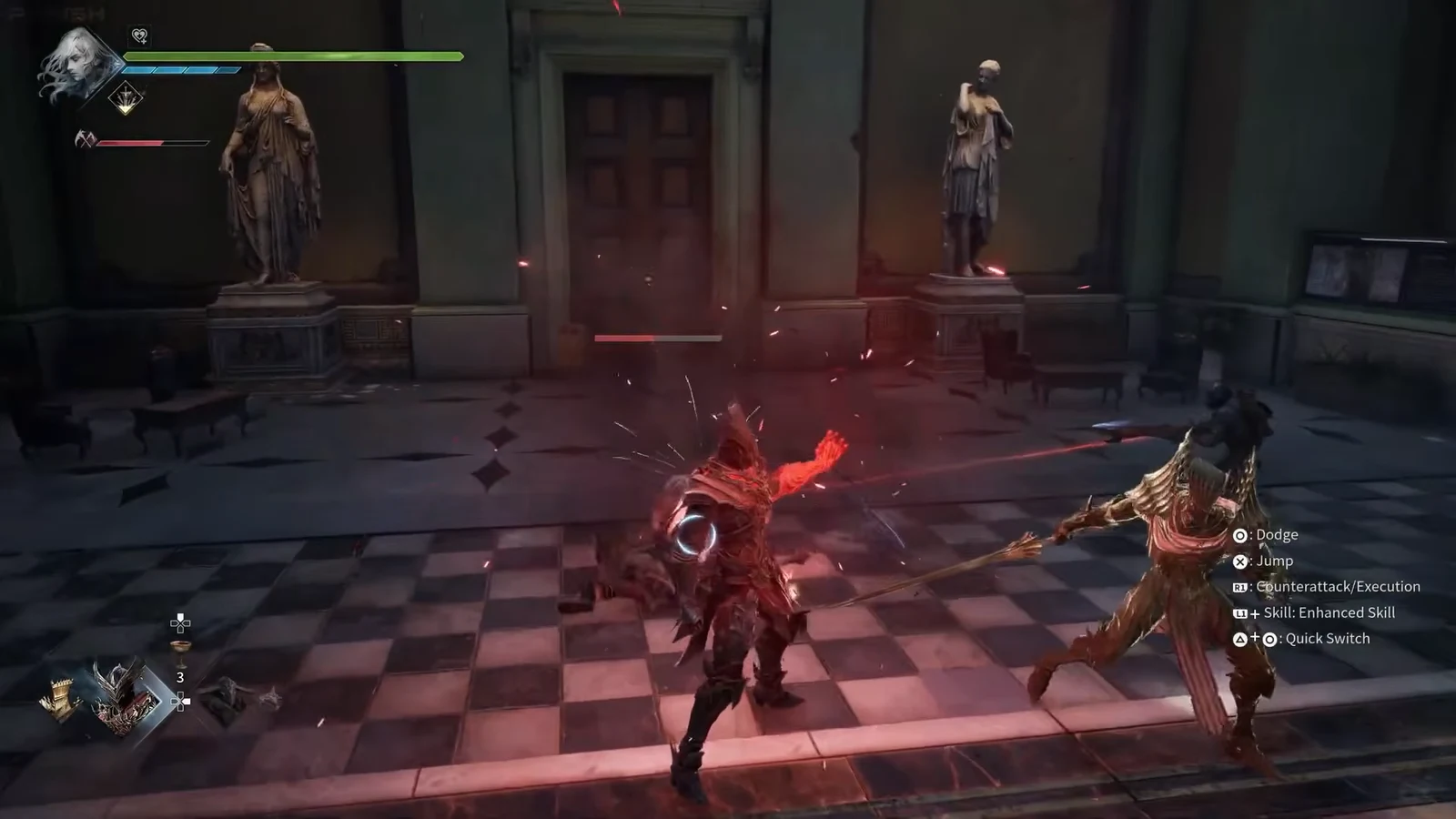 Combat HUD listing Dodge, Jump, Counterattack, Enhanced Skill and Quick Switch prompts during a fight