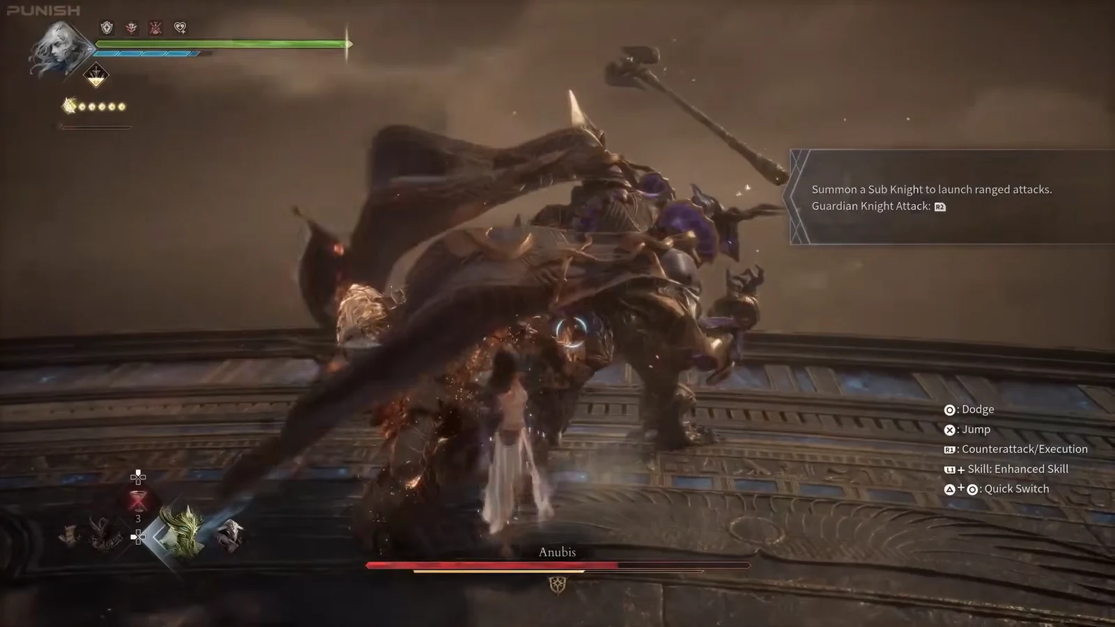 Anubis boss fight with a prompt to summon a Sub Knight and use Guardian Knight Attack on R2