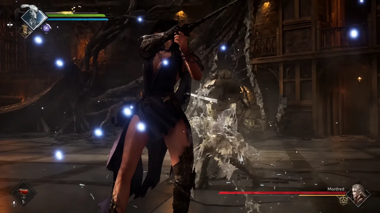 Gwendolyn attacking Mordred with the boss health bar and player HUD on screen