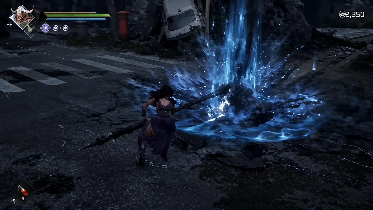 Gwendolyn striking an enemy with a spear as a blue energy burst erupts around the impact