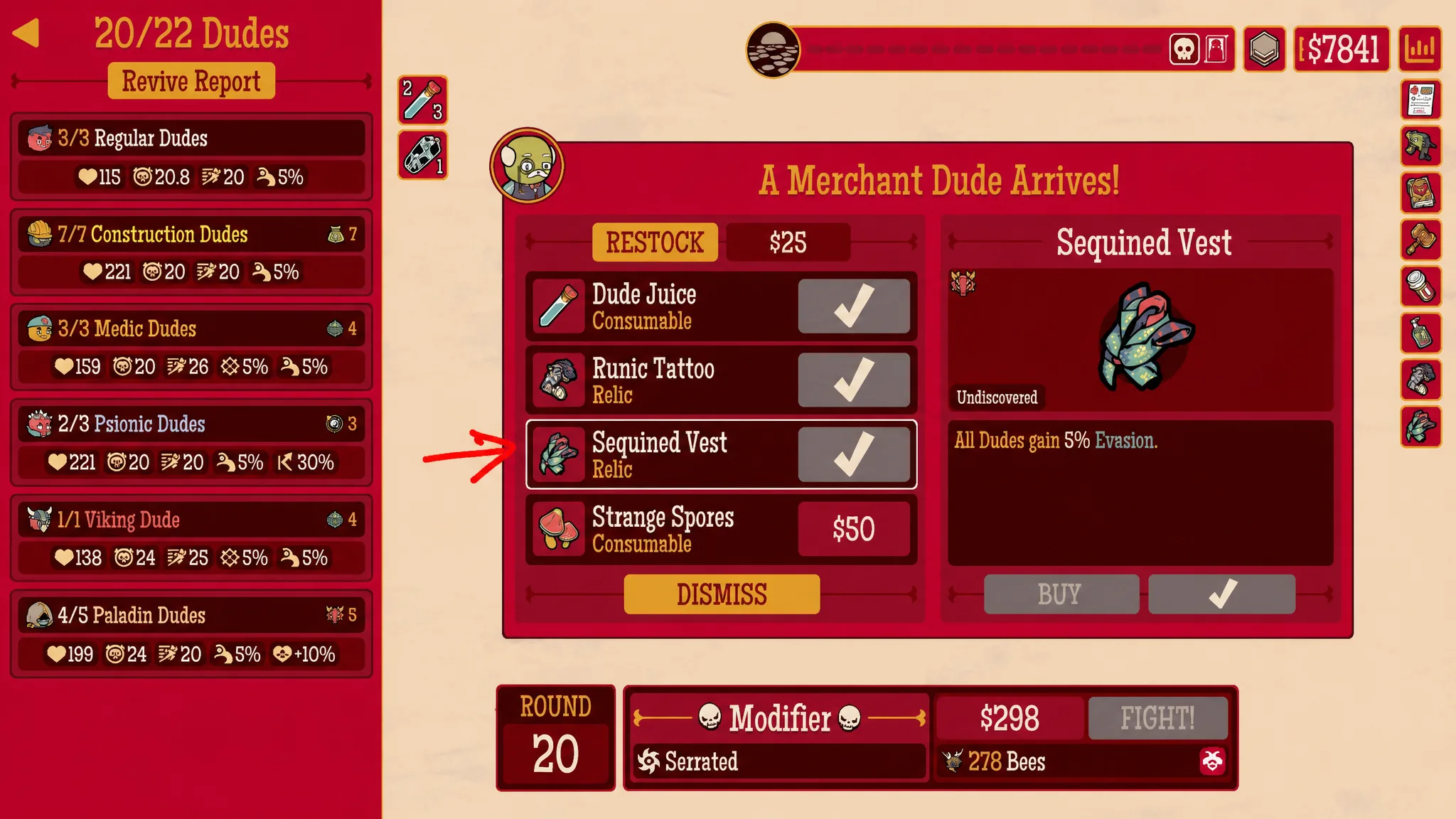 Relics screen in How Many Dudes