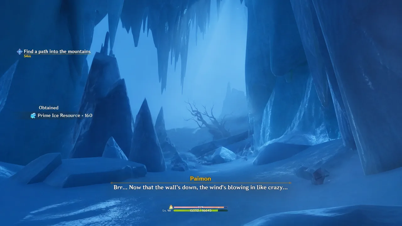 genshin-impact-how-go-white-birch-snowgrave-area-pale-crown-palace-unlock-north-snezhnaya-how-go-past-blizzard-freezing-cold-be-warm - find a path into the mountains
