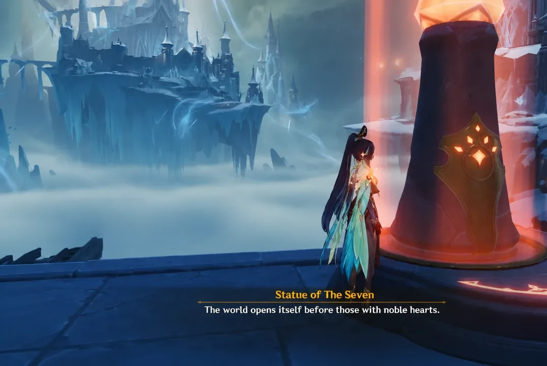 genshin-impact-how-go-white-birch-snowgrave-area-pale-crown-palace-unlock-north-snezhnaya-how-go-past-blizzard-freezing-cold-be-warm - statue of the seven