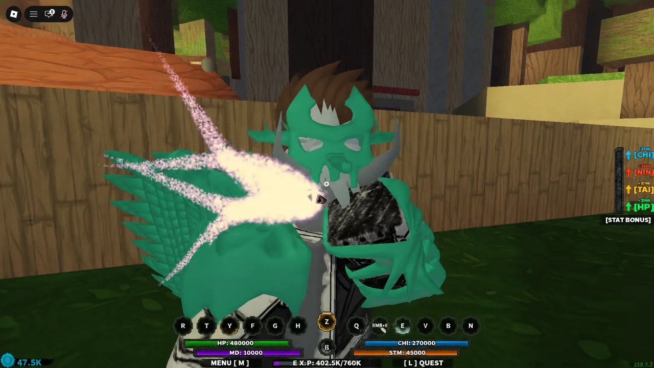 Shindo Life gameplay with the Z hotkey highlighted as the character fires a bright projectile attack