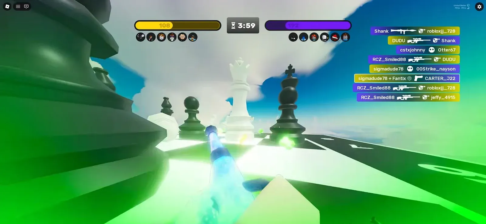 First-person match on the chessboard arena firing at an enemy with team score and kill feed on screen