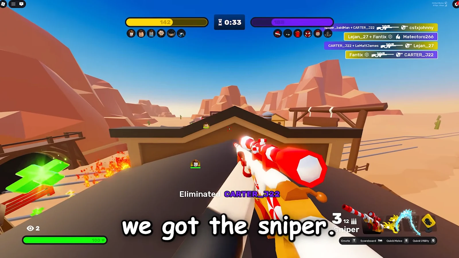 Player aiming the sniper rifle from a rooftop and eliminating an opponent named CARTER_J22