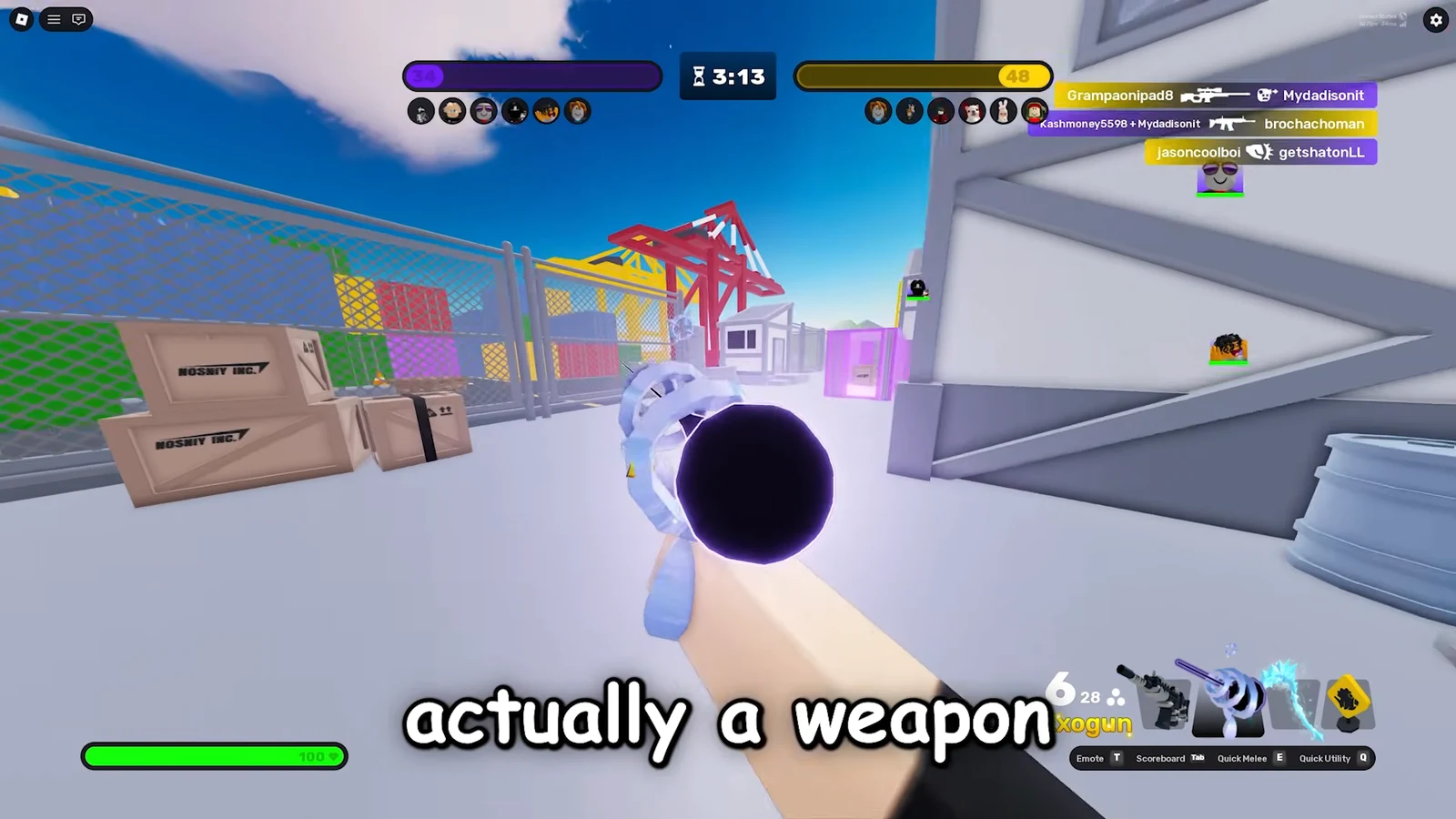 First-person match view aiming a large futuristic weapon toward the arena